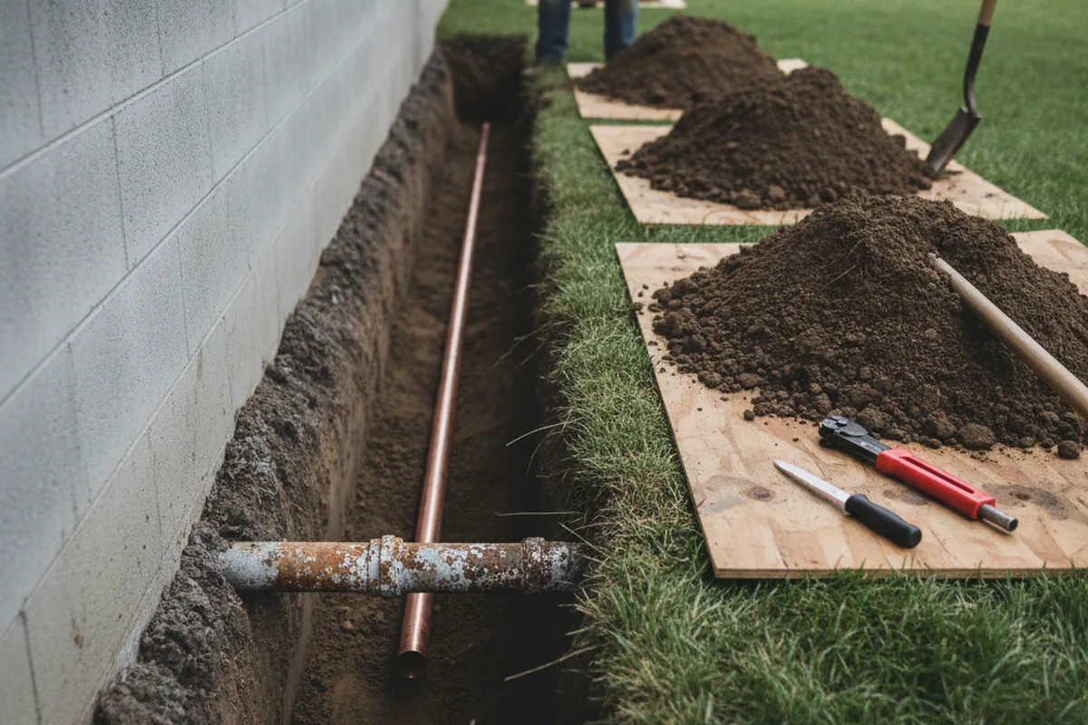 Excavated water line trench during Water Softener Installation in East Rochester